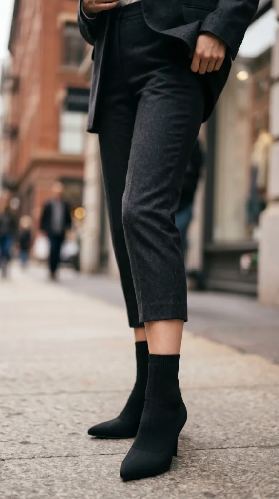 Sock Boots & Cropped TrousersStop tucking your pants into your boots. It ruins the line of your leg. Instead, wear cropped trousers (they stop 1 inch above your ankle) and wear "sock boots."Sock boots are tight-knit boots that hug your ankle like a sock. They create a seamless line from your pants to your shoe. This makes your legs look a mile long. Wear them with any of the outfit ideas above, especially the wool blazer look.