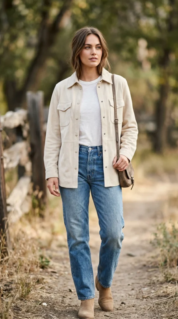 A woman walking outdoors showcasing casual western outfits for women, featuring a beige button-down shacket over a white t-shirt, blue straight-leg jeans, and tan suede boots.
