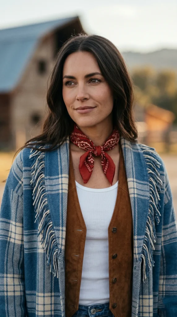 A medium portrait of a woman with long, wavy brown hair styling a modern western outfit. She is looking slightly off-camera with a subtle smile. She wears a blue and cream plaid jacket with prominent fringe along the lapels, layered over a brown suede vest, a white tank top, and blue jeans. A red paisley bandana is tied neatly around her neck. The background shows a softly blurred rustic setting with a wooden barn under warm, natural daylight.