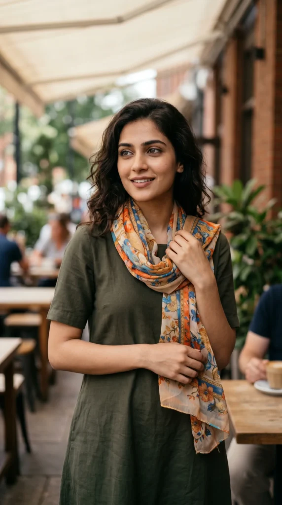 A three-quarter portrait of a smiling woman with wavy, dark shoulder-length hair walking through an outdoor café. She is wearing a short-sleeved olive green linen dress paired with a lightweight, multi-colored floral scarf featuring shades of orange, blue, and cream draped loosely around her neck. She has one hand gently resting near her shoulder on the scarf. The background shows a softly blurred patio setting with wooden tables, patrons, and a cream-colored awning.
