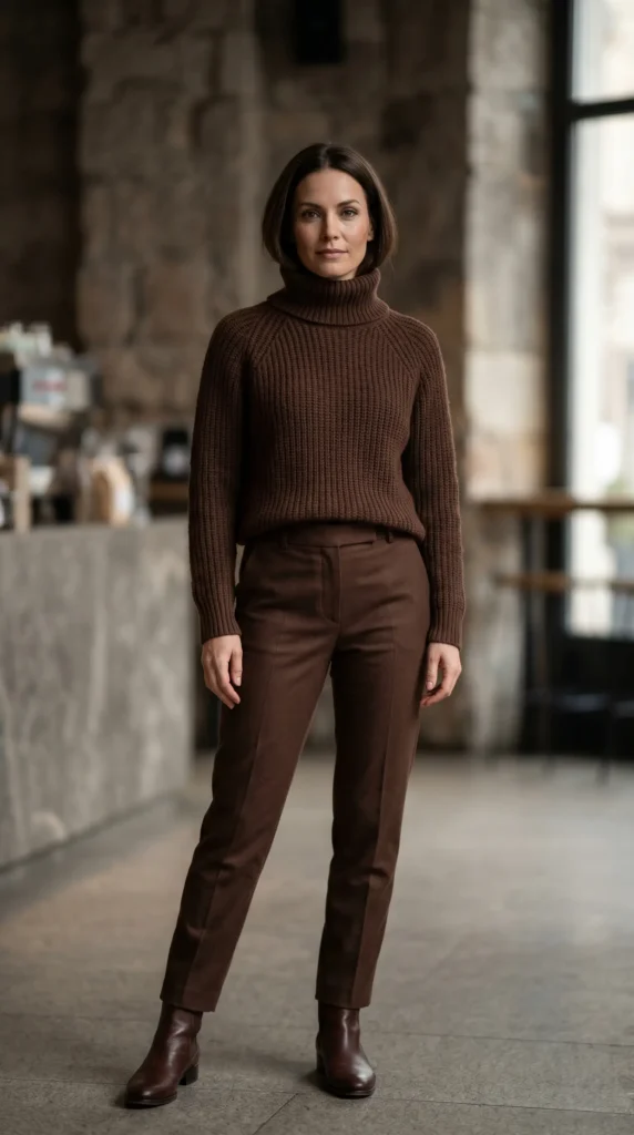 When you are rushing in the morning, stop mixing colors. Pick one color—head to toe. Grey, cream, or chocolate brown are your best bets.Wear matching trousers and a sweater, then add boots in the same family. A monochrome look is inherently slimming and "expensive" looking. It allows you to play with texture (knit on top, wool on bottom) without clashing patterns.
