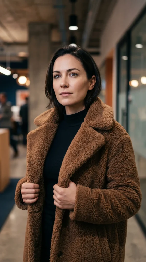 12. Teddy Bear TexturesWhen it is below freezing, you need a coat that feels like a hug. A shearling or "teddy" texture jacket is perfect for the commute.Work rule: Take the teddy coat off at your desk. Underneath, wear a sleek black mock neck and straight pants.The contrast: Fuzzy outside + Sleek inside = Viral outfit potential.