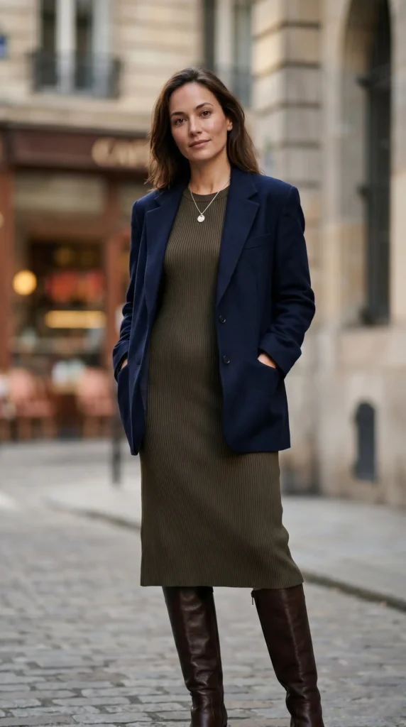 Knit Dresses & Tall BootsThis is the easiest five-minute outfit of your life. Pull on a ribbed knit dress in a dark color (olive, navy, or oatmeal). Add tall leather boots that fit snugly over your calves.Business touch: Throw a blazer over the knit dress.Casual Friday: Throw a denim jacket over the knit dress.