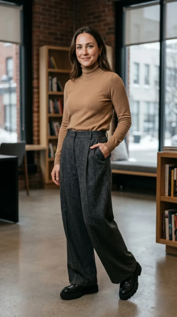 Slim pants are out; breathing room is in. High-waisted, wide-leg trousers are your best friend for winter casual business days. They are comfortable enough to sit in during long meetings and allow you to wear thick long johns underneath without anyone knowing.