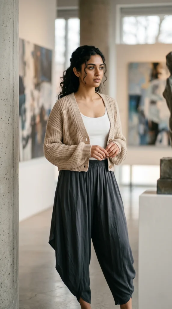 A full-length portrait of a woman showcasing chic western outfits for women while standing in a bright, modern art gallery. She has curly dark hair tied back and is wearing a cropped, chunky-knit beige cardigan sweater over a simple white tank top. She pairs this with loose-fitting, high-waisted dark grey harem-style pants. The background is softly blurred, revealing abstract paintings on the walls and a concrete pillar.
