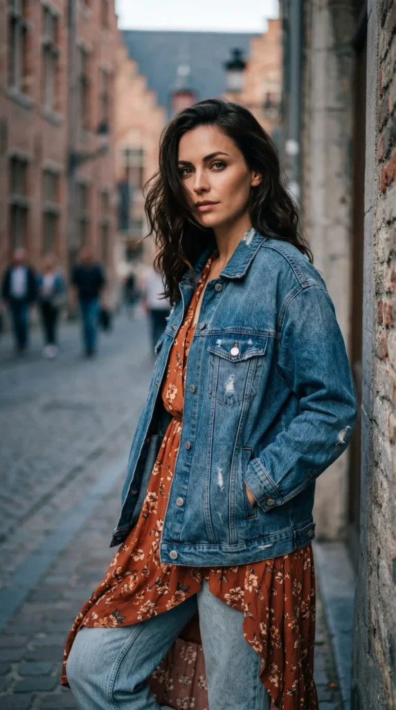 A woman standing on a city street showcasing trendy western outfits for women, featuring an oversized distressed denim jacket over a floral rust-colored maxi dress and light-wash jeans.