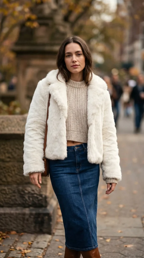 Faux Fur & Denim SkirtDon't be afraid of texture. A long denim skirt (maxi length) is very trendy right now. Pair it with a chunky, cropped sweater and a faux fur vest or jacket.The rule: If your jacket is big (faux fur), keep your skirt fitting (slim denim).The color palette: White faux fur + blue denim + brown accessories is a chef’s kiss combo.