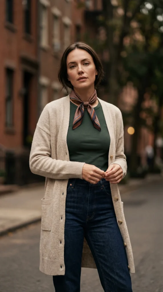A long cardigan (unbuttoned)A gilet (quilted vest)A silk scarf tied at the neckA structured belt over your sweater