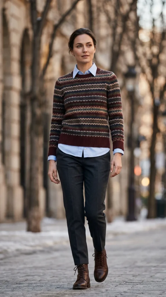 Remember this classic? It is back and better than ever. Wear a crewneck or V-neck sweater over a crisp white or blue button-down shirt. Leave the collar out and the cuffs visible.The twist: Use a patterned sweater (fair isle or argyle) instead of a solid color.The bottom: Tapered trousers or a pencil skirt.Winter shoe: Leather lace-up boots.