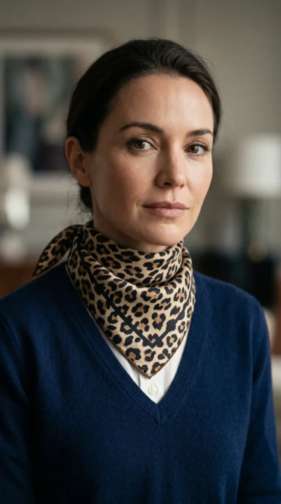 A silk or cashmere scarf isn't just for keeping your neck warm. It is a structural accessory. Fold a square scarf into a triangle and tie it like a bandana under your collar.How to style: Inside a V-neck sweater or over a button-up shirt.Pattern: Leopard print (neutral), paisley, or polka dots.