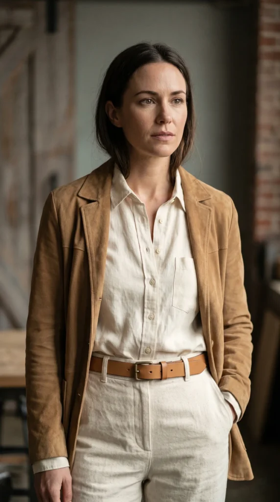 A woman modeling sophisticated western outfits for women, featuring a tan suede blazer layered over a cream button-down shirt, matching off-white trousers, and a light brown leather belt.