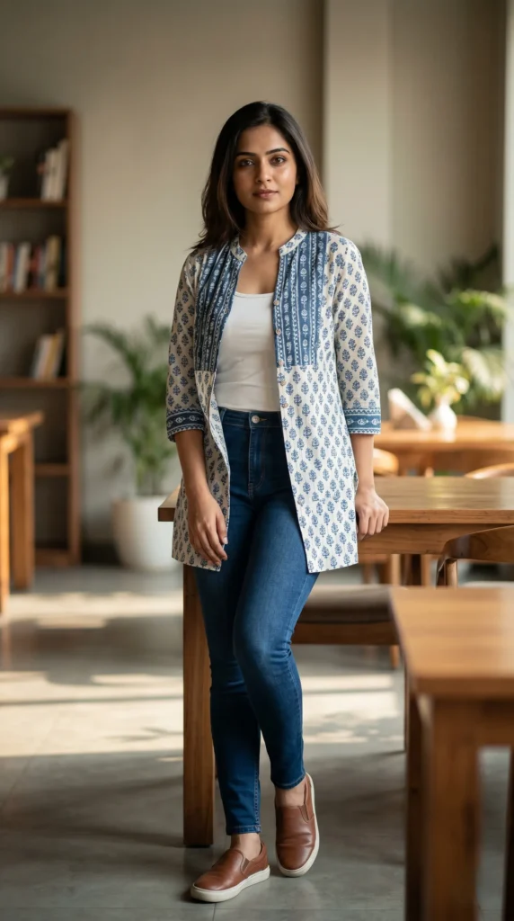 A full-length portrait of a woman modeling casual western outfits for women while leaning against a wooden table in a well-lit cafe or library. She is wearing a cream-colored, three-quarter sleeve open jacket adorned with blue floral block prints, layered over a simple white tank top. She pairs the look with slim-fit dark blue jeans and brown leather slip-on shoes. The background features warm wooden furniture, a bookshelf, and indoor plants.