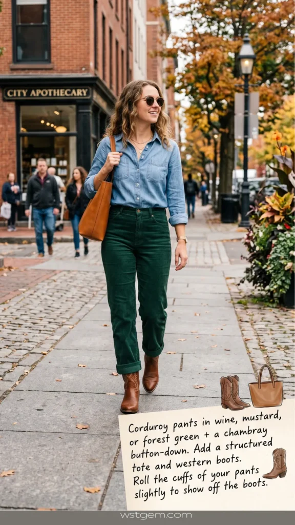In Modern Rodeo Outfits 2026 (1) (1).webp, a woman walks along a paved sidewalk with a brick storefront labeled "CITY APOTHECARY" and autumn trees in the background. Her outfit consists of a light blue denim-style chambray shirt, high-waisted forest green corduroy trousers, and tan leather western boots. In the lower right corner, a cream-colored text graphic reads: "Corduroy pants in wine, mustard, or forest green + a chambray button-down. Add a structured tote and western boots. Roll the cuffs of your pants slightly to show off the boots." Small illustrations of boots and a tote bag accompany the text.