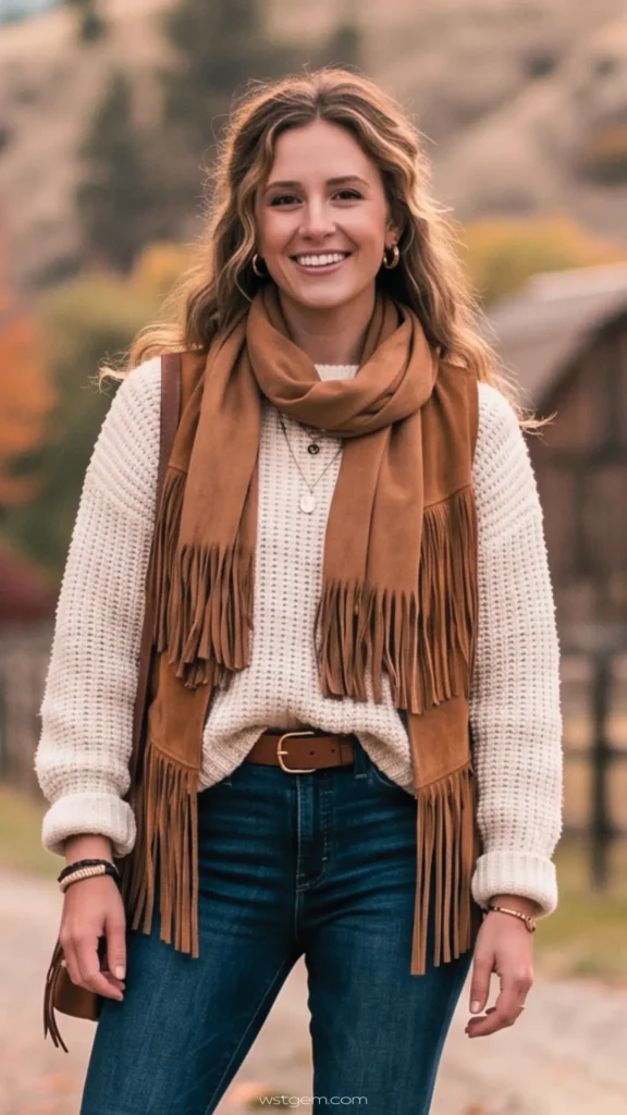 A smiling woman stands outdoors wearing a western-inspired outfit. She has wavy blonde hair and wears a chunky, cream-colored waffle-knit sweater layered under a brown suede vest adorned with long fringe along the hem and lapels. A matching brown suede scarf is draped around her neck. She is wearing dark wash, high-waisted blue jeans secured with a brown leather belt featuring a gold buckle. Her accessories include gold hoop earrings, layered necklaces, and simple bracelets. The background shows a soft-focus, blurred view of a rustic, rural landscape with a building structure and trees.