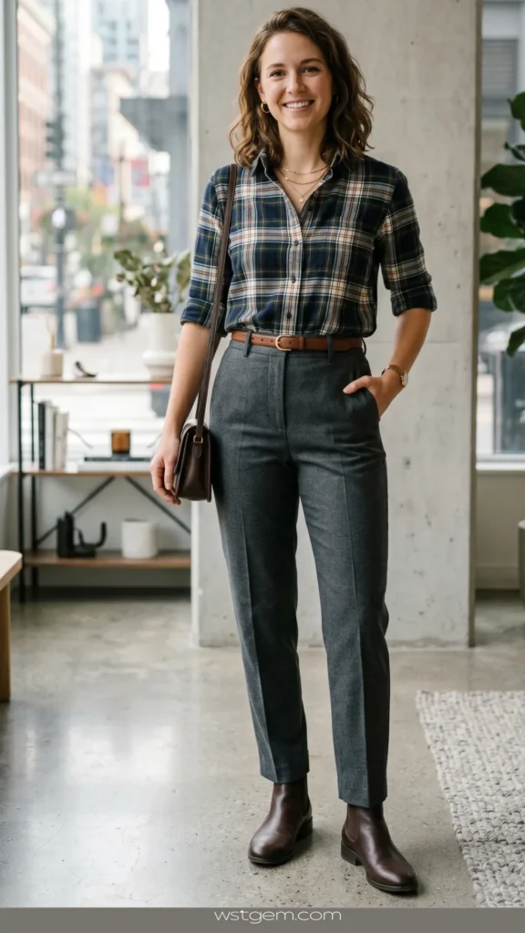 A smiling woman stands indoors wearing a modern western-inspired outfit. She wears a tucked-in navy, green, and cream plaid button-down shirt with rolled-up sleeves, paired with high-waisted gray tailored trousers and a thin brown leather belt. She has dark brown leather Chelsea boots on her feet and a matching brown leather shoulder bag. Her look is accessorized with gold hoop earrings and delicate layered necklaces.