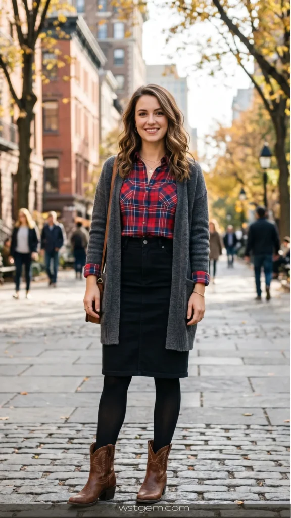In Modern Rodeo Outfits 2026 (1).webp, a woman models a casual autumn western-inspired look. Her outfit features a red, navy, and white plaid flannel shirt layered under a long-line, open-front knit cardigan in charcoal gray. She pairs this with a structured high-waisted black denim midi skirt, opaque black tights, and classic mid-calf brown leather western boots. She accessorizes with delicate gold necklaces and a brown leather crossbody purse, set against a bustling, sunlit city street with historic brick buildings.