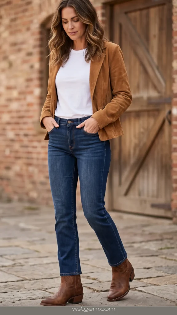 A woman posing outdoors in a modern western outfit, featuring a brown suede blazer layered over a plain white t-shirt. She is wearing high-waisted, dark-wash blue jeans with her hands in her pockets, paired with brown leather cowboy ankle boots. The background shows a rustic brick wall and a wooden barn door.