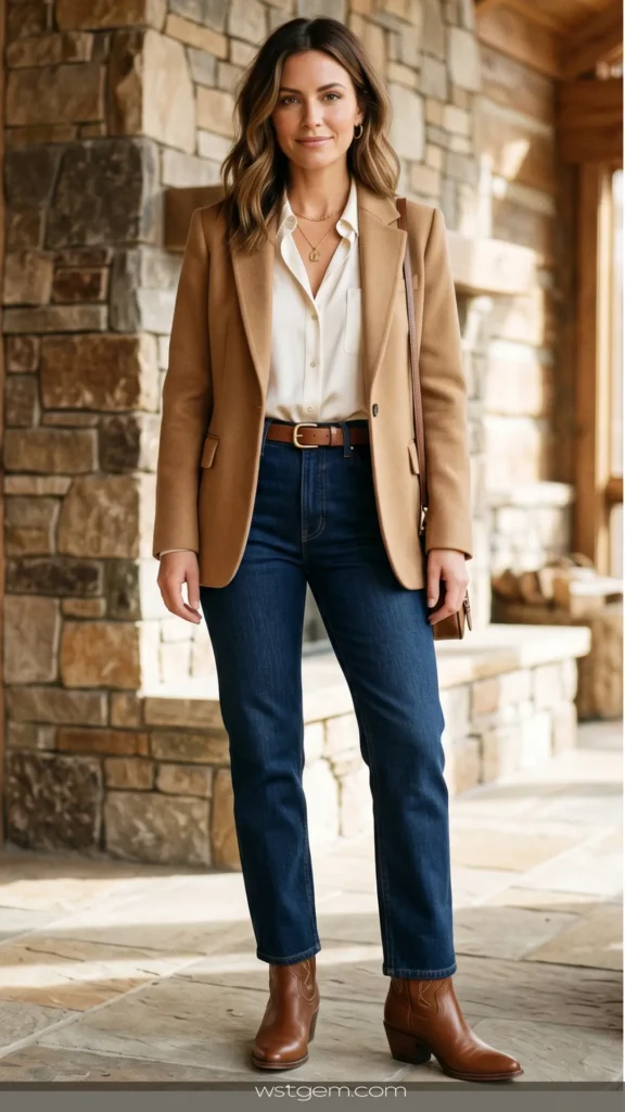 In Modern Rodeo Outfits 2026.webp, a woman models a modern western-chic ensemble. She wears a structured camel wool blazer layered over an unbuttoned cream blouse, tucked neatly into deep indigo high-rise jeans. The look is accessorized with a classic tan leather belt, layered delicate gold pendant necklaces, and mid-calf brown leather western boots. The background features warm lighting against a textured stone and wood lodge-style wall.