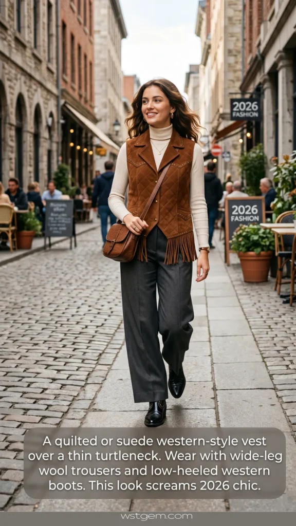 A vertical photograph capturing a woman styled in a chic, contemporary western outfit on a cobblestone street in 2026. She is wearing a brown quilted suede vest over a thin cream turtleneck, paired with dark wide-leg wool trousers and low-heeled western boots. The requested fashion advice text is displayed in a stylized white box at the bottom of the image.