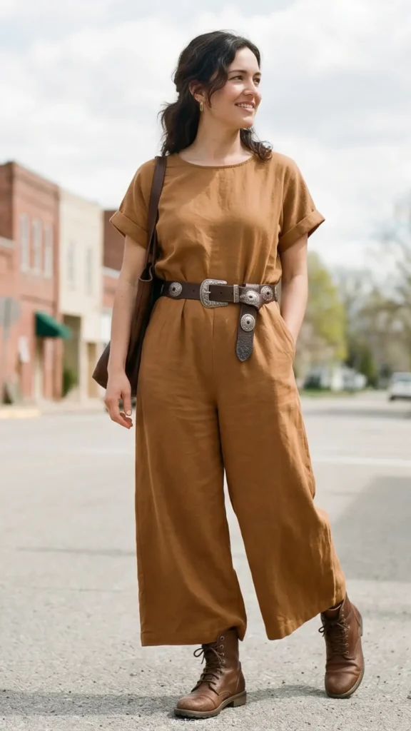 A smiling woman stands on a town street wearing a modern, western-inspired outfit. She is dressed in a short-sleeved, camel-colored linen jumpsuit with wide legs. The jumpsuit is cinched at the waist with a thick brown leather concho belt featuring an ornate silver buckle and round silver studs. She completes the look with brown leather lace-up combat boots, small gold hoop earrings, and a brown leather tote bag slung over her shoulder. The background shows a blurred street with brick buildings under a bright sky.
