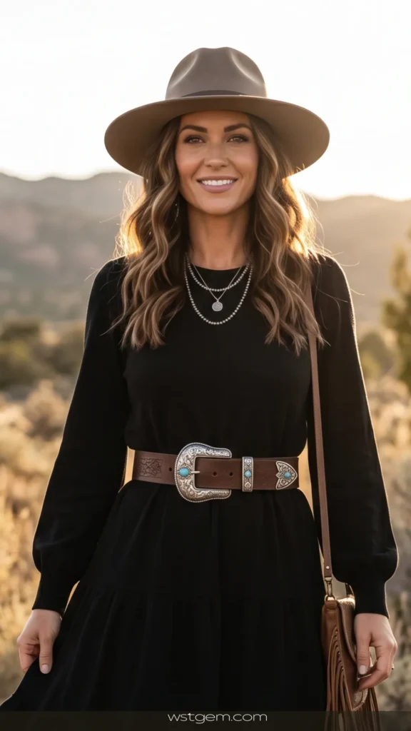 A stylish woman in a chic western outfit, wearing a black tiered dress, knee-high boots, and a wide leather belt with a large, ornate silver statement buckle. She stands confidently outdoors in a scenic environment. Image text: 'Leather or suede belt with a statement buckle – A single western belt can instantly elevate simple black pants or a sweater dress.