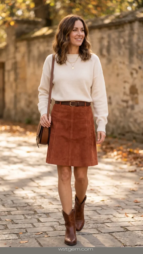 In Modern Rodeo Outfits 2026 (2).webp, a woman models an autumn western-chic outfit. She is wearing an oversized cream knit sweater tucked into a knee-length, panelled rust-brown suede skirt with a slim brown belt featuring a gold buckle. Her footwear consists of classic mid-calf brown leather western boots. She carries a matching saddle-style crossbody bag over her shoulder, set against a softly blurred background of an old stone wall and natural autumn light.