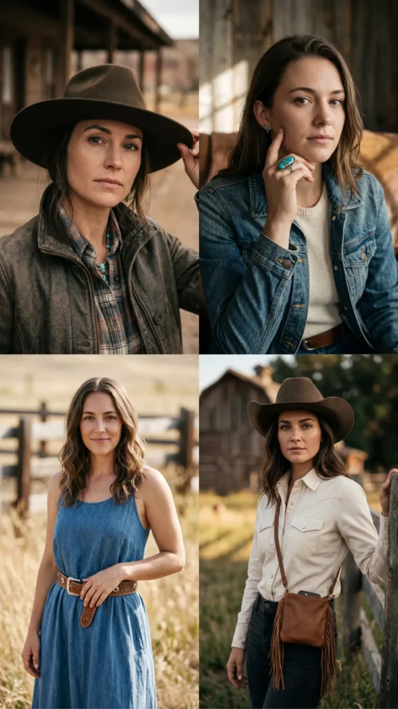A four-panel collage showcasing modern western rodeo fashion for women. Top left: A woman adjusting a wide-brimmed brown fedora, wearing a distressed leather jacket over a plaid shirt and turquoise jewelry. Top right: A woman in a denim jacket and cream sweater, showcasing a large turquoise ring. Bottom left: A woman smiling in a blue denim midi dress accented with a tooled leather belt in a grassy field. Bottom right: A woman wearing a brown cowboy hat, a crisp cream button-down western shirt, dark jeans, and a fringed leather crossbody bag, posing by a wooden fence with a barn blurred in the background.