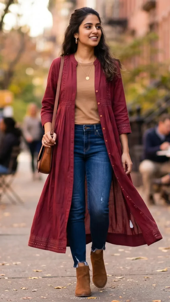 A full-length shot of a smiling woman walking down a city sidewalk, wearing a modern, western-inspired outfit. She wears a long, open burgundy duster jacket with subtle embroidery details over a tan t-shirt and medium-wash skinny jeans with distressed, frayed hems. She coordinates the look with brown suede ankle boots, a matching leather crossbody bag, gold hoop earrings, and a delicate pendant necklace. The background shows a softly blurred urban street with autumn leaves on the ground.