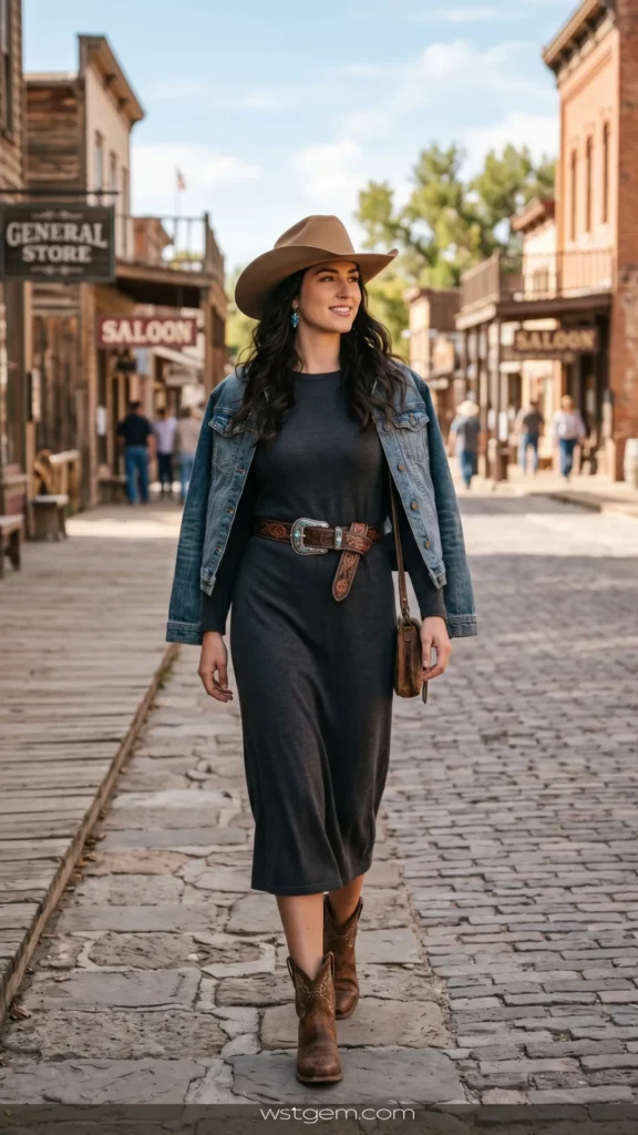 a woman showcases a western-chic outfit while walking down a rustic street lined with wooden buildings, including a saloon and general store. She wears a midi-length charcoal gray dress cinched at the waist with a decorative western belt, topped with a casual denim jacket worn over her shoulders. She completes the look with a classic tan cowboy hat and distressed brown cowboy boots.