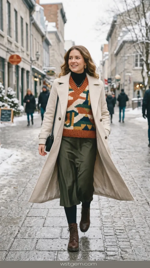 You know those days when you want to wear a dress but it’s too cold? Enter the sweater vest. Wear a chunky, colorful sweater vest over a silk midi skirt or wide-leg trousers.Winter hack: Always add fleece-lined tights underneath.Top layer: A long wool coat that matches the lightest color in your vest.This look creates a beautiful silhouette that hides your thermal layers. It is playful, professional, and s