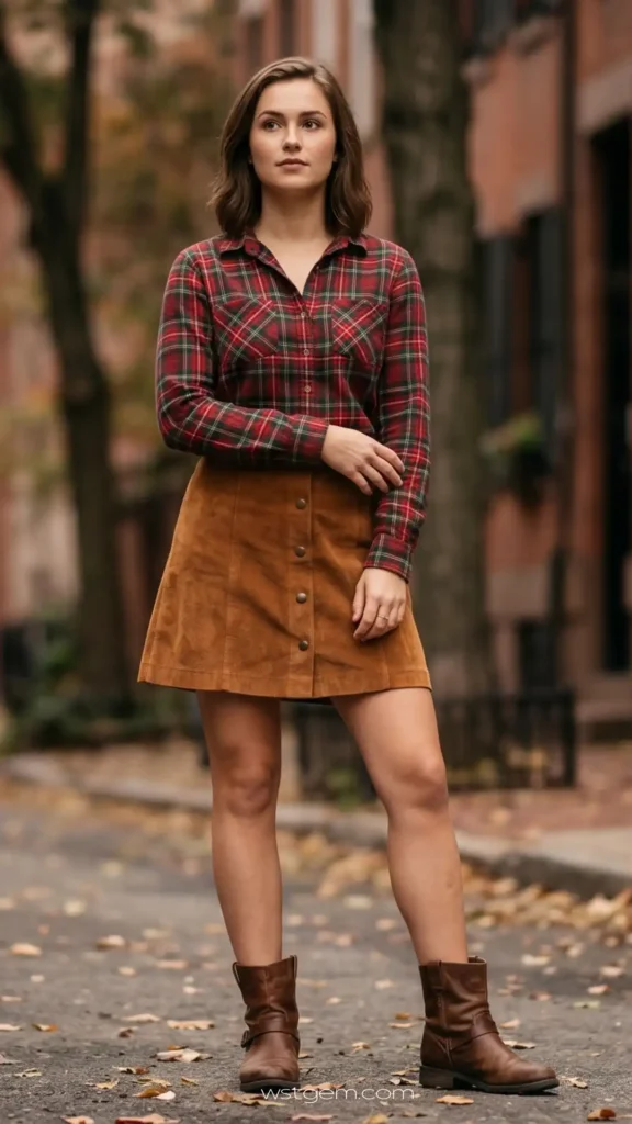 Plaid Shirt + Suede Skirt + Boots ,Western outfits for women