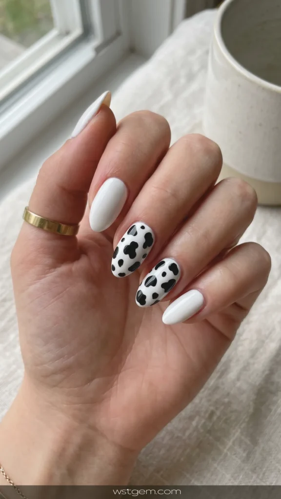 Cow print accents - white base with irregular black spots on one or two nails.