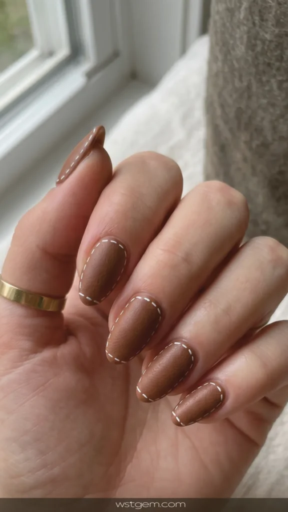Leather texture - a matte brown nail with subtle “stitching” lines drawn in white.