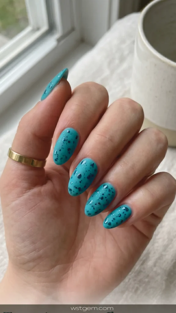 Turquoise stone effect - matte blue with glossy speckles to mimic real turquoise. ,nail ,nails, nail idea