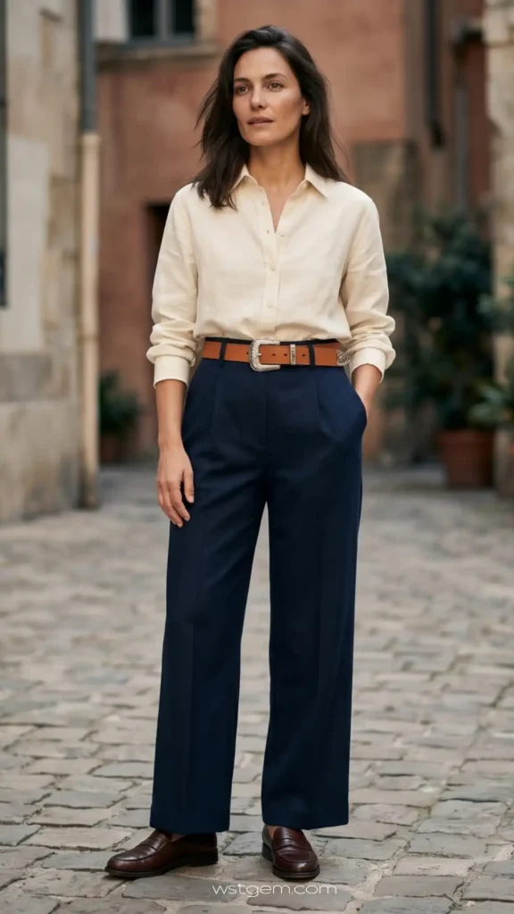 Wide-Leg Trousers + Western Belt + Loafers ,Western outfits women