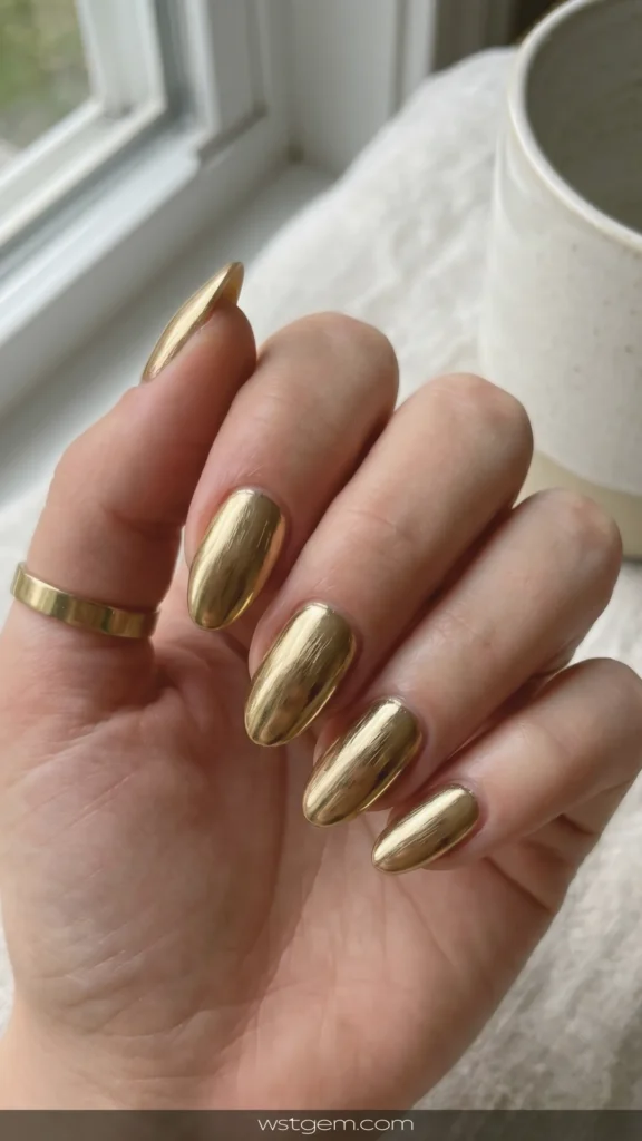Brass buckle chrome - shiny gold with a brushed-metal finish. Nails