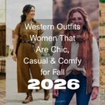 Four women modeling chic, casual, and comfortable fall Western outfits, including plaid shirts, a brown jumpsuit, jeans, and boots, with text reading "Western Outfits Women That Are Chic, Casual & Comfy for Fall 2026.
