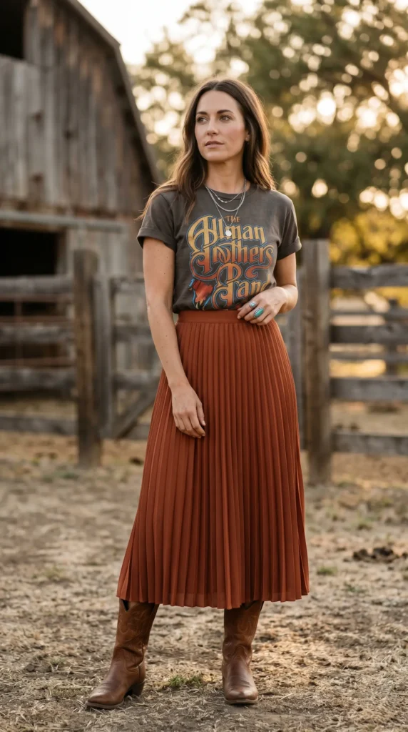 The Classic Cowgirl: Pair Your Pleated Midi with a Graphic Tee and BootsThis is my absolute go-to look for everyday western style. It is effortless, it is cool, and it requires almost zero effort.Grab a quirky graphic tee think vintage band tees or anything with a bold print. Tuck it into your long pleated midi skirt. The key here is to define your waist, so do not be afraid to do a full tuck or a French tuck.Now, here is where the magic happens: add your favorite pair of cowboy boots. Whether you go for classic brown leather or a bold statement color, boots instantly give the outfit that Western feel. Finish with a few layered necklaces or a turquoise ring for a touch of that Southwestern spirit.This look works because it mixes the casual, laid-back vibe of a tee with the elegance of a pleated skirt. It is the kind of outfit that makes you look like you just stepped out of a Pinterest board.