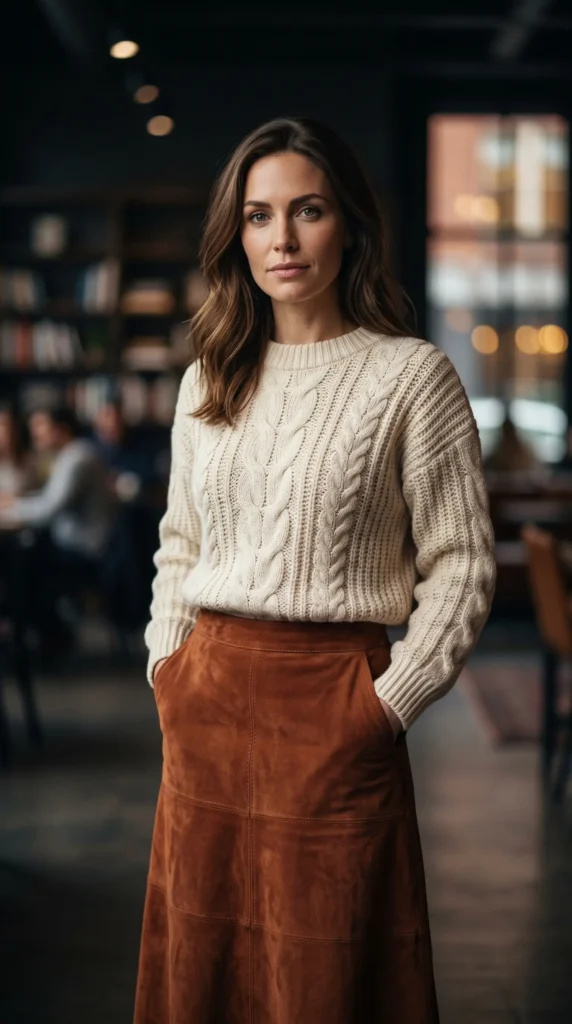 Suede Skirt + Chunky Knit: Texture That WorksSuede is having a moment, and it's one of the most wearable ways to inject western style into your winter workwear. A midi-length suede skirt in a rich earth tone think rust, chocolate, or olive feels both luxurious and grounded.