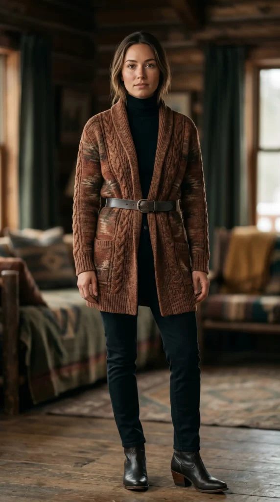 Forget the basic cardigan. This winter, look for a long, belted cardigan in a woven or textured fabric think chunky knits, cable details, or even a subtle southwestern pattern. The belt cinches your waist, giving shape and structure while keeping you cozy.Wear it over:A simple turtleneck in cream or blackSlim-fit trousers or a pencil skirtWestern-style booties with a stacked heelThe belt does double duty: it defines your silhouette and