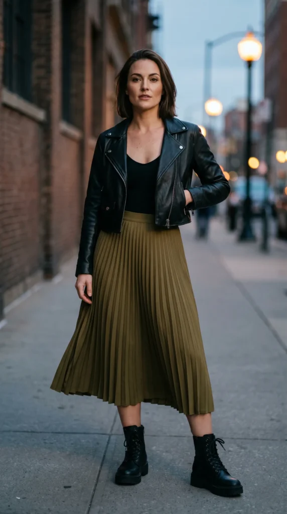 For days when you want to add a little attitude to your look, reach for a leather jacket. The contrast between the soft, flowing pleats of your skirt and the tough, structured feel of leather is pure magic.Tuck a simple white tee or a black bodysuit into your pleated midi skirt. Throw on a cropped leather moto jacket over the top. Add a pair of chunky combat boots or even sleek stilettos, depending on your mood.This outfit is downtown cool personified. It is the kind of look that says you know exactly who you are and you are not afraid to show it. The long denim skirt and black leather jacket combination is a classic for a reason it blends roughness with smooth, creating a perfectly balanced aesthetic.