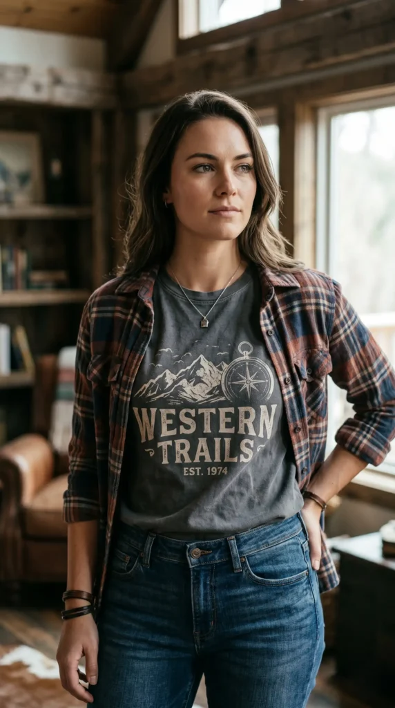 For an everyday western outfit that is both relaxed and stylish, pair a graphic tee with your favorite denim. A patterned hoodie layered over denim jeans also offers a relaxed western outfit perfect for everyday wear.The graphic tee adds a personal, modern touch, while the denim keeps it grounded in western tradition.