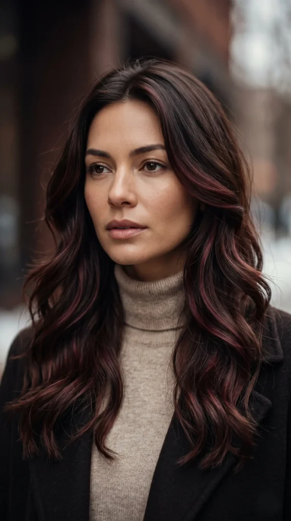 This is the epitome of winter luxury. Imagine a rich, dark chestnut base woven with subtle ribbons of burgundy that catch the light beautifully. This combination is warm, deep, and the perfect match for cooler seasons. The look features fluid layers that add movement and shine, making your natural complexion glow.