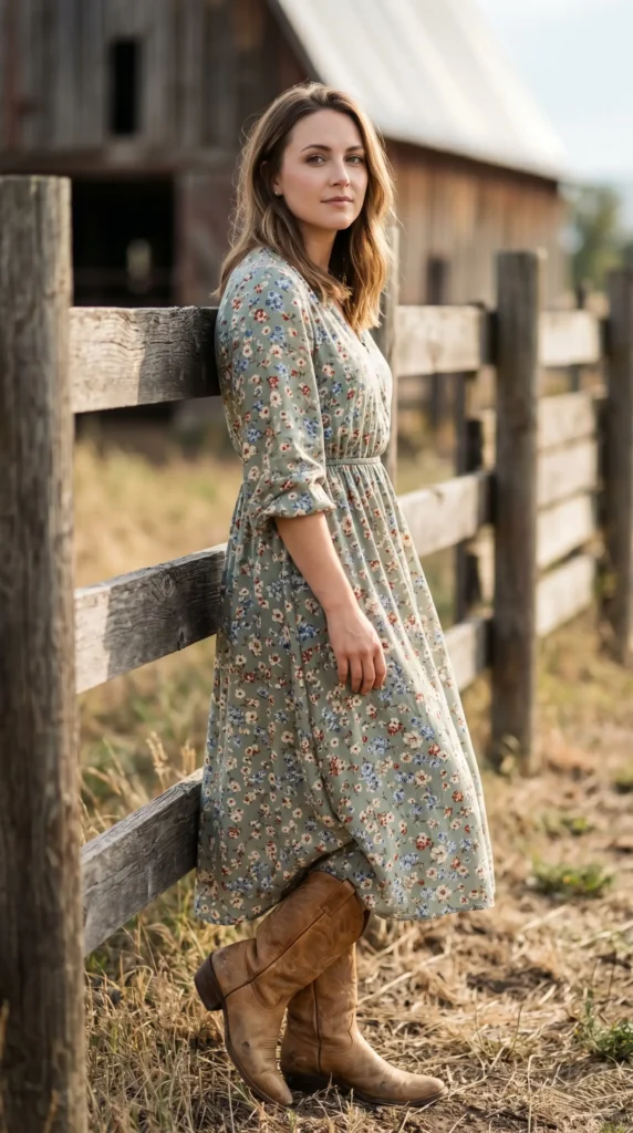 The Effortless Floral Midi Dress & Boots ComboThis is the quintessential cute western outfit that perfectly balances feminine romance with rugged character. A flowy floral midi dress paired with worn-in tan cowboy boots is a match made in fashion heaven.