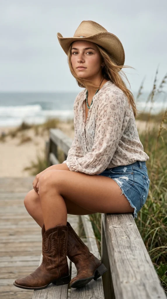 Coastal Cowgirl: Denim Shorts & Cowboy Boots