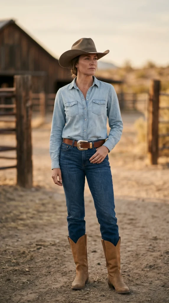 Classic Denim on Denim with a Cowgirl TwistYou can't talk about western style outfits without mentioning the iconic denim-on-denim look. But in 2026, we're giving the "Canadian tuxedo" a seriously stylish upgrade. The key is to mix different washes so your outfit doesn't look like one big blue blob.Start with a light-wash chambray shirt and tuck it into a pair of dark-wash bootcut or straight-leg jeans. Cinch your waist with a brown leather belt featuring a bold statement buckle. Complete the look with tall tan cowboy boots and a felt cowboy hat for that perfect ranch-ready charm.