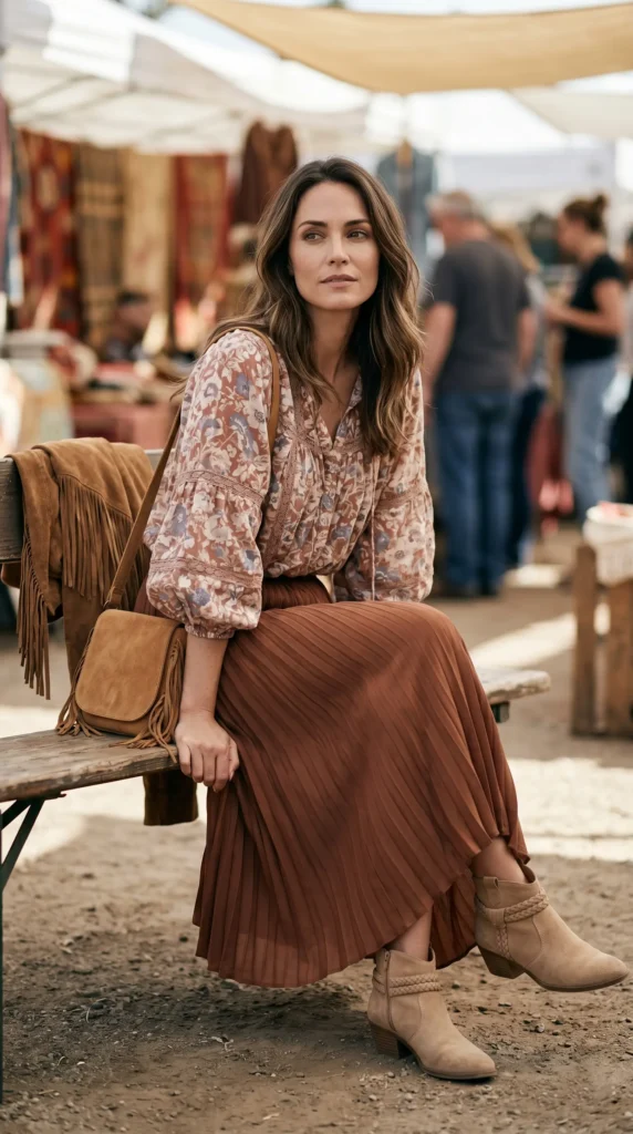 If your personal style leans more bohemian, this one is for you. The long pleated midi skirt already has a flowy, romantic feel, so lean into it.Pair your skirt with a loose, billowy blouse think puff sleeves, lace details, or a soft floral print. Tuck it in loosely or knot it at the waist for a relaxed silhouette. Add a suede fringe jacket or a suede crossbody bag to bring in that Western texture.For footwear, opt for suede ankle boots or even a pair of strappy flat sandals if the weather is warm. The goal here is to look like you are ready for a desert festival or a lazy Sunday afternoon at a vintage market.