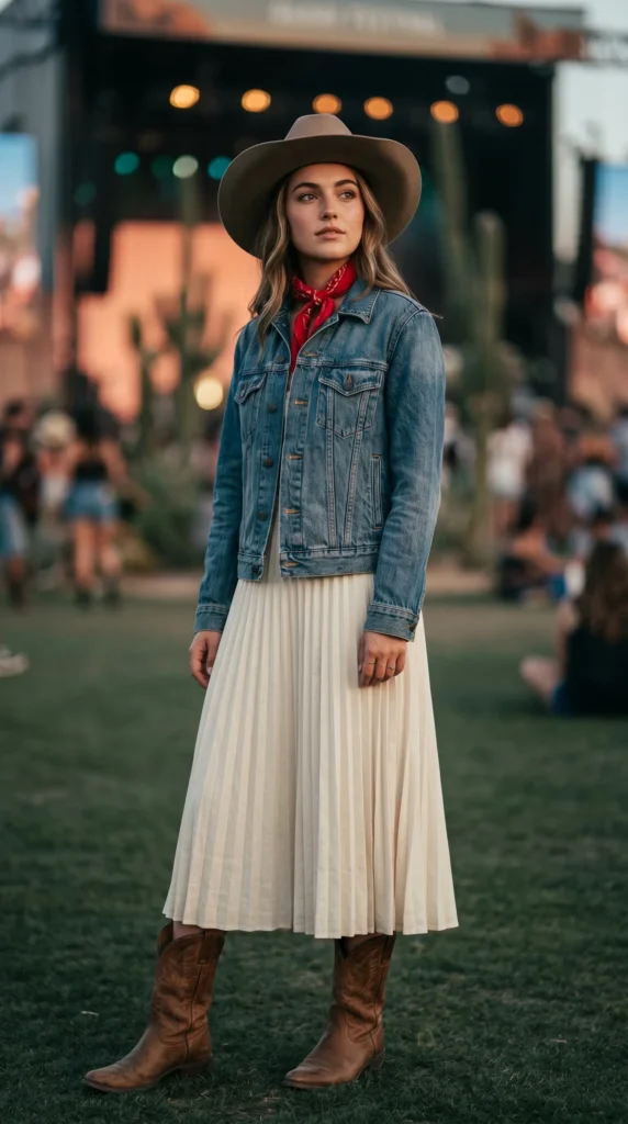 Coachella may come and go, but the festival aesthetic is forever. And for 2026, the desert Western trend is back and bigger than ever.Take your long pleated midi skirt and pair it with a classic denim jacket. The denim-on-denim vibe works surprisingly well here, especially if your skirt is in a neutral tone like khaki, black, or cream.Add a red bandana tied around your neck or woven through your belt loops for that instant Americana feel. Finish with chunky combat boots or worn-in cowboy boots. Throw on a wide-brim hat if you are feeling extra.This look is rugged yet festival-ready. It is perfect for outdoor concerts, weekend getaways, or any day you want to channel your inner rockstar cowgirl.