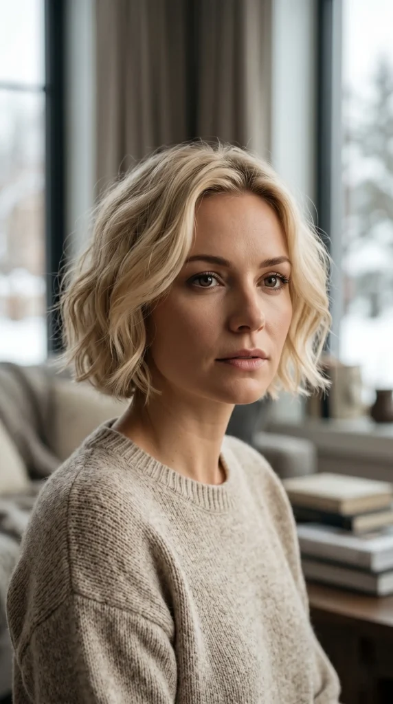 Blonde is not just for summer! For winter 2025 - 2026, think "pure winter sunlight" a soft, bright blonde that is warm rather than icy. This look is best paired with a short, wavy cut that frames the face beautifully.This particular hair style is perfect for adding a touch of brightness to grey winter days. The soft waves offer a romantic, feminine feel without requiring a lot of styling time. It is a beautiful way to embrace lighter tones while keeping the overall look warm and cozy.