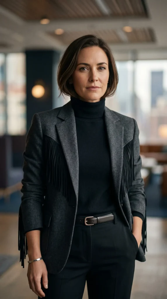 The Fringe Blazer: Western Edge Meets Corporate PolishA fringe blazer is the ultimate gateway piece for bringing western style into the office. It gives you that rugged, rodeo-adjacent vibe without screaming "costume." The key? Keep everything else streamlined.